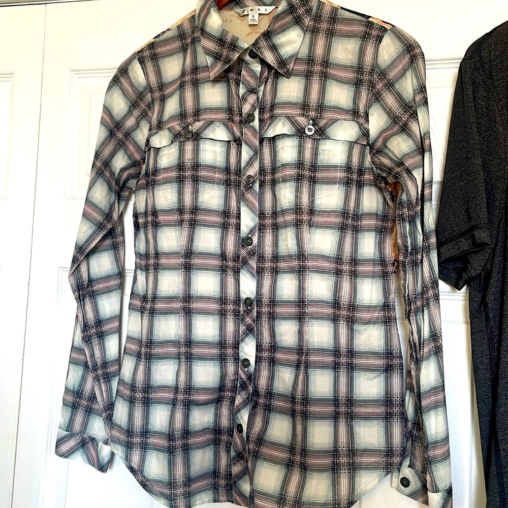 CAbi Style 223. Western checkered flowered button down shirt. Size small.